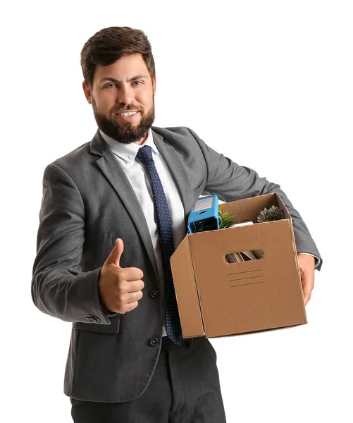 Ontslagen Jongeman Holding Box Met Persoonlijke Spullen Witte Achtergrond — Stockfoto
