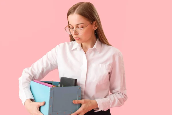Fired Young Woman Holding Box Office Stuff Pink Background — Stock Photo, Image