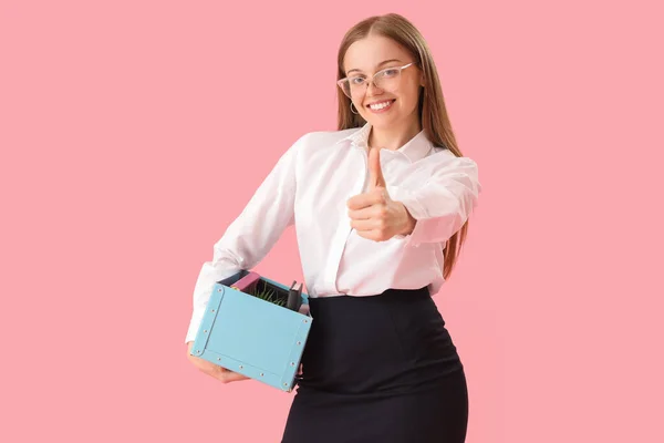 Fired Young Woman Personal Stuff Showing Thumb Pink Background — Stock Photo, Image