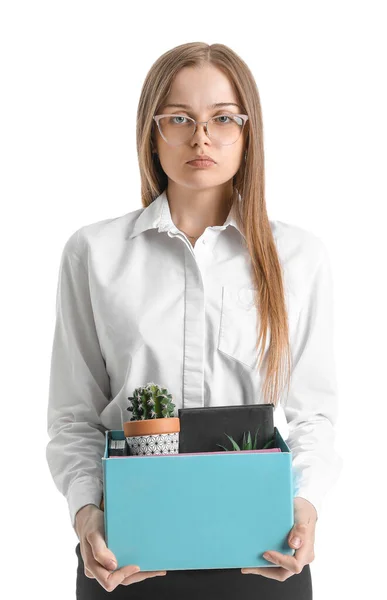Fired Young Woman Holding Box Personal Stuff White Background — Stock Photo, Image