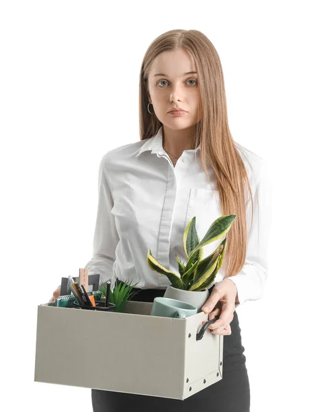 Fired Young Woman Holding Box Personal Stuff White Background — Stock Photo, Image