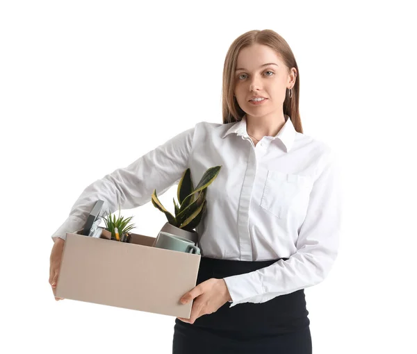 Smiling Fired Young Woman Holding Box Personal Stuff White Background — Stock Photo, Image