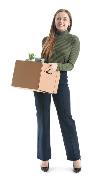 ハッピー解雇若いです女性保持ボックスとともに彼女のもの上の白い背景 — ストック写真
