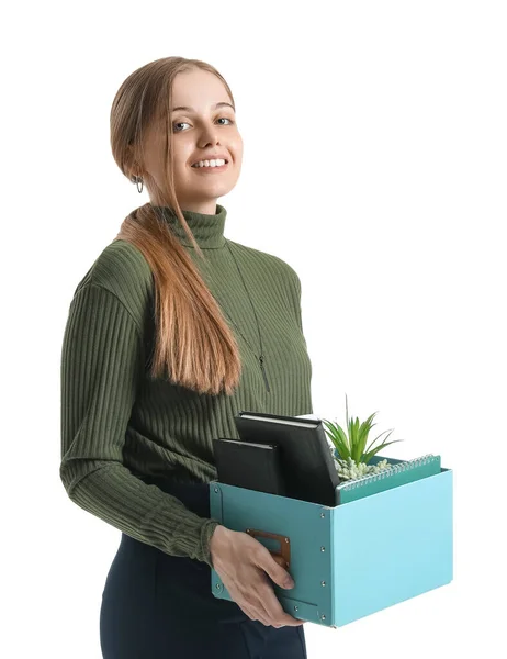 Fired Young Woman Holding Box Her Stuff White Background — Stock Photo, Image