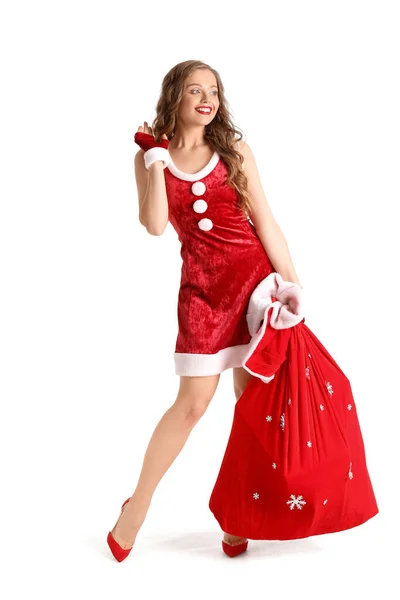 Jolie Jeune Femme Costume Père Noël Avec Sac Sur Fond — Photo