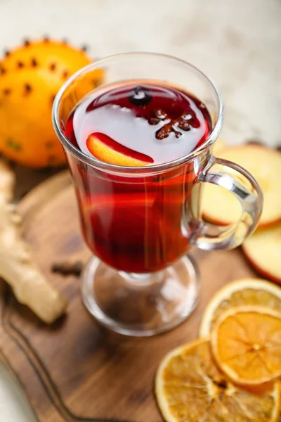 Glass Cup Aromatic Mulled Wine Table Closeup — Stock Photo, Image