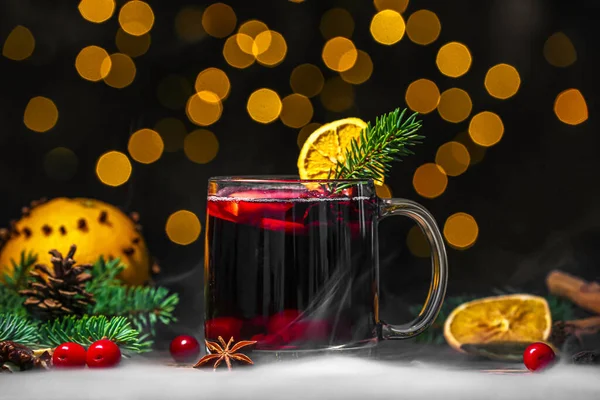 Cup Tasty Mulled Wine Table Blurred Lights — Stock Photo, Image
