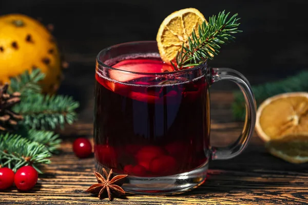 Cup Aromatic Mulled Wine Wooden Table Closeup — Stock Photo, Image