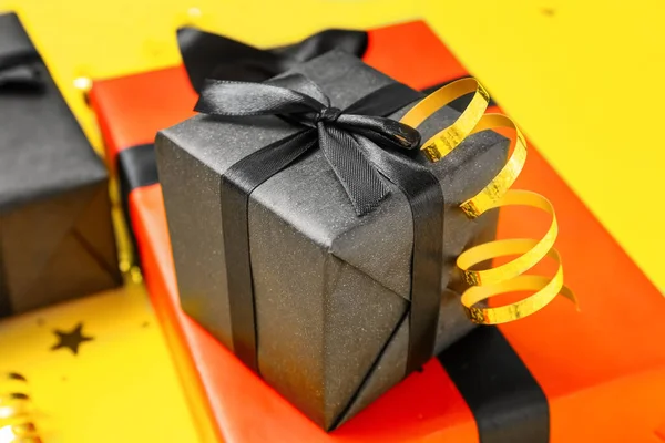 Gift Boxes Yellow Background Closeup Black Friday Sale — Stock Photo, Image