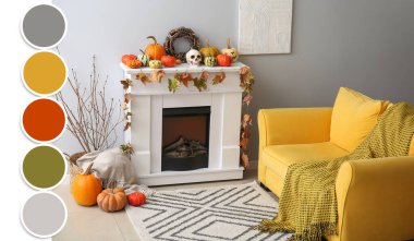 Cadılar Bayramı partisi için dekore edilmiş oturma odasının içi. Farklı renk desenleri