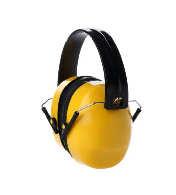 Beyaz arkaplanda sarı işitme koruyucuları