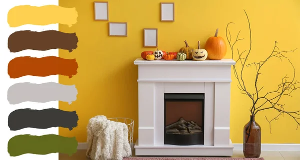 Interiér Obývacího Pokoje Zdobený Pro Oslavu Halloweenu Různé Vzory Barev — Stock fotografie