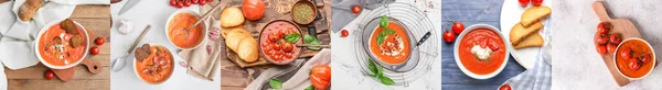 Coleção Tigelas Com Saborosa Sopa Creme Tomate Mesa Vista Superior — Fotografia de Stock