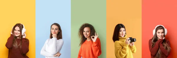 Sammlung Schöner Junger Frauen Warmen Pullovern Auf Farbigem Hintergrund — Stockfoto