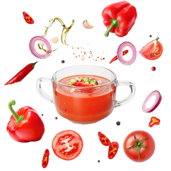 Pot Tasty Gazpacho Ingredients Isolated White — Stock Photo, Image