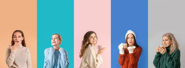 Collage Hermosas Mujeres Jóvenes Suéteres Punto Sobre Fondo Color — Foto de Stock