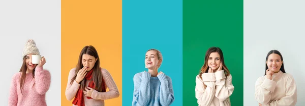 Uppsättning Vackra Unga Kvinnor Stickade Tröjor Färg Bakgrund — Stockfoto