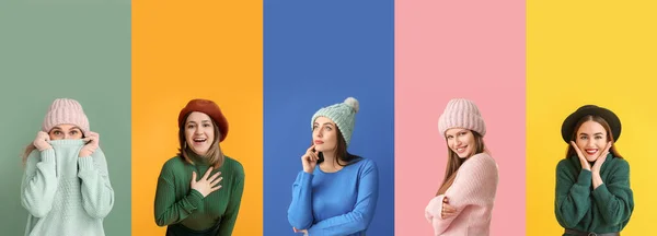 美しい若い女性のグループでニットセーター上の色の背景 — ストック写真