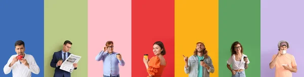 Collage Von Menschen Mit Kaffeetassen Auf Farbigem Hintergrund — Stockfoto