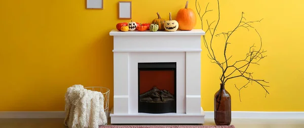 Interior Living Room Fireplace Decorated Halloween Celebration — Stock Photo, Image