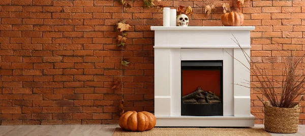 Interior Living Room Electric Fireplace Decorated Halloween — Stock Photo, Image