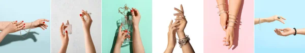 美しいマニキュアと色の背景にエレガントなジュエリーと女性の手のコラージュ — ストック写真