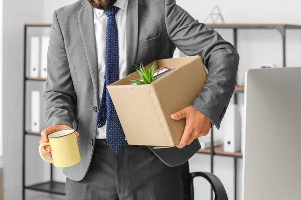 Fired Young Man Holding Box His Stuff Office — Stock Photo, Image