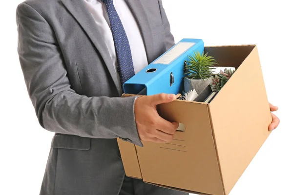 Fired Young Man Holding Box Personal Stuff White Background Closeup — Stock Photo, Image