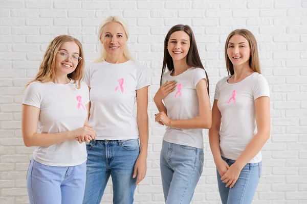 Beautiful Women Pink Awareness Ribbons White Brick Background Breast Cancer — Stock Photo, Image
