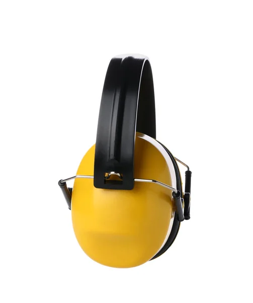 白色背景的黄色听觉保护器 — 图库照片