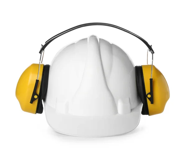 白い背景に硬い帽子をかぶった聴覚プロテクター — ストック写真