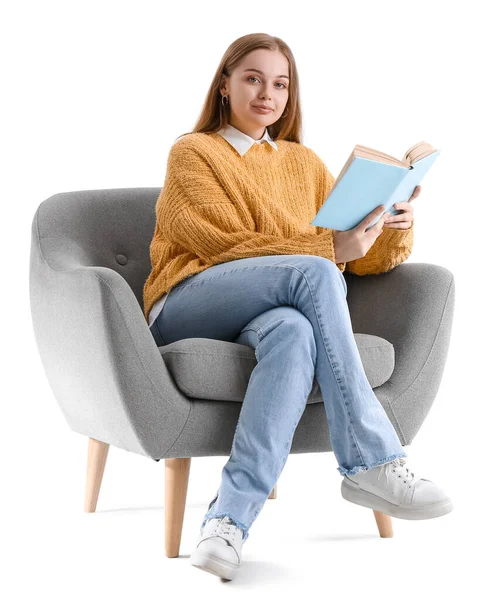 Jovem Com Livro Sentado Poltrona Fundo Branco — Fotografia de Stock