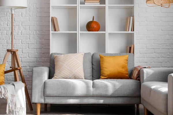 Interior Modern Living Room Grey Sofa Shelving Unit — Stock Photo, Image