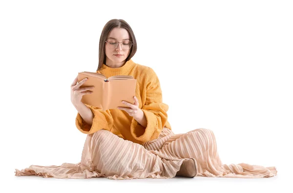 Young Woman Yellow Sweater Reading Book White Background — Stock Photo, Image