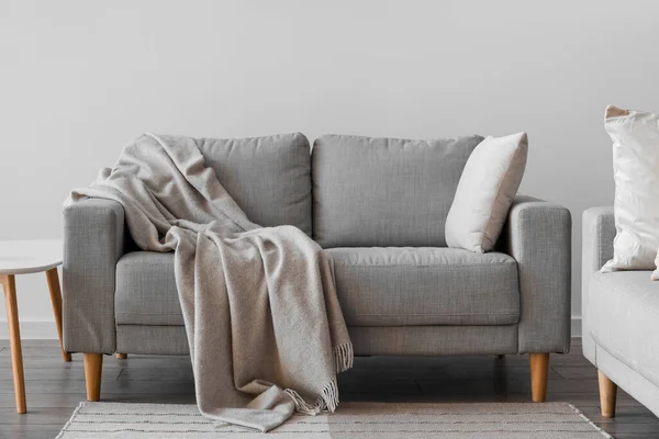 Grey Sofa Cushion Plaid Light Living Room — Stock Photo, Image