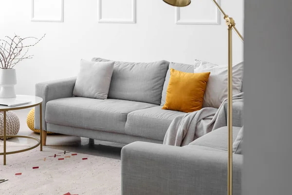 Cozy Sofa Cushions Plaid Interior Light Living Room — Stock Photo, Image