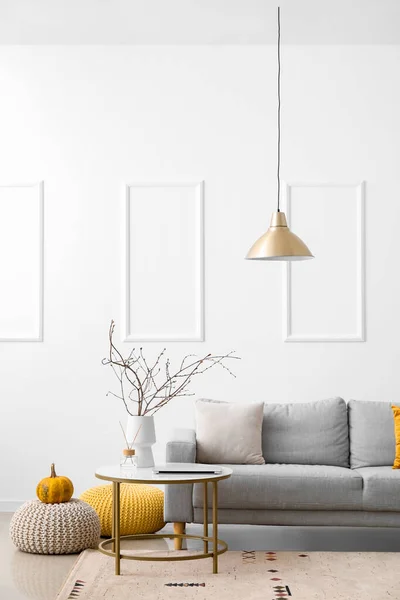 Interior Light Living Room Grey Sofa Table Pumpkin — Stock Photo, Image