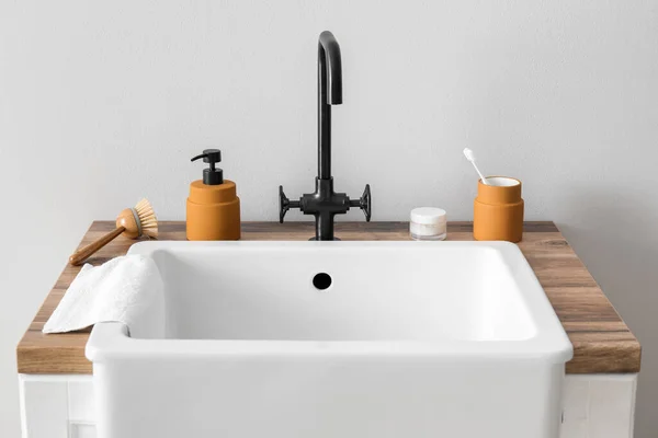 Bath Accessories Sink Table Light Wall — Stock Photo, Image