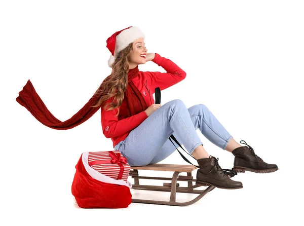 Jeune Femme Dans Chapeau Père Noël Avec Sac Traîneau Assis — Photo