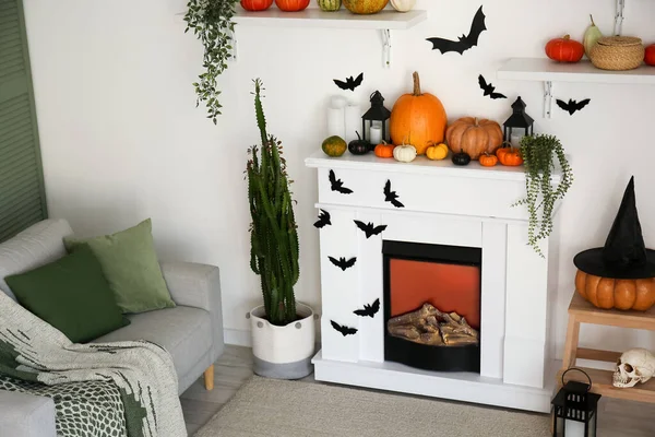 Interior Living Room Decorated Halloween Fireplace Sofa — Stock Photo, Image