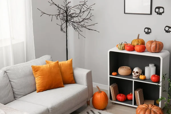 Interior Light Living Room Sofa Halloween Pumpkins Shelving Unit — Stock Photo, Image