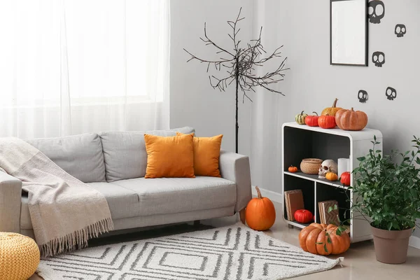 Interiör Ljust Vardagsrum Med Soffa Halloween Pumpor Och Hyllenhet — Stockfoto