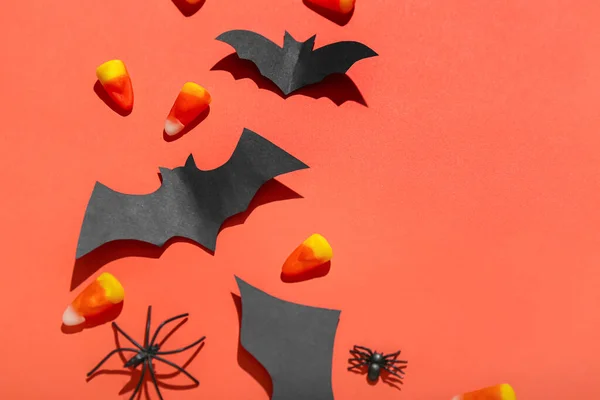 Chauves Souris Papier Avec Des Cornes Bonbons Des Araignées Sur — Photo