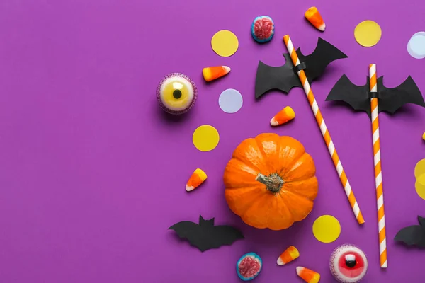Murciélagos Papel Con Pajitas Callos Caramelo Decoración Halloween Sobre Fondo —  Fotos de Stock