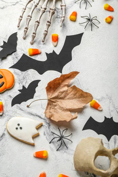 Paper Bats Halloween Treats Leaf Grunge Background — Stock Photo, Image