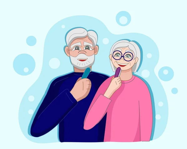 Senior Couple Brushing Teeth Light Background — Stock Vector