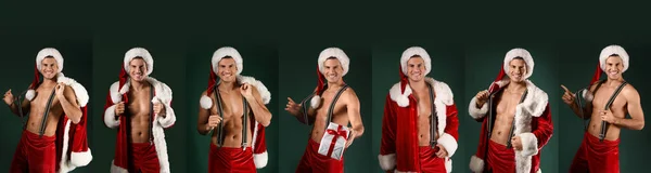 Set Sexy Giovane Uomo Costume Babbo Natale Sfondo Scuro — Foto Stock