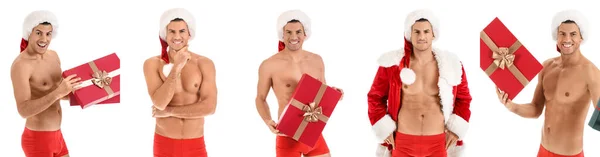 Set Von Sexy Jungen Mann Mit Weihnachtsmütze Und Unterwäsche Isoliert — Stockfoto