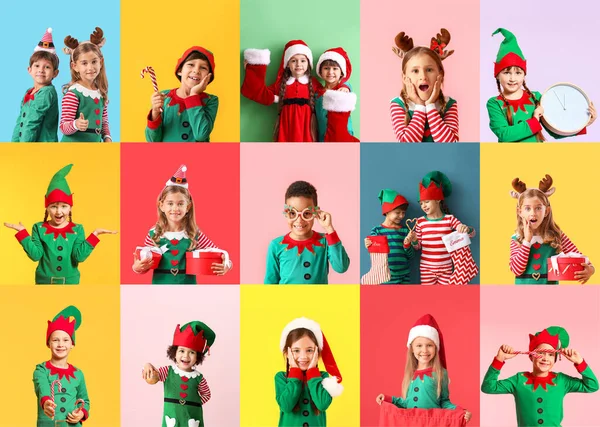 Collage Cute Little Elves Colorful Background — Stock Photo, Image