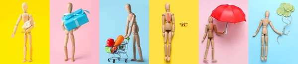 Collage Wooden Mannequin Different Items Color Background — Stock Photo, Image